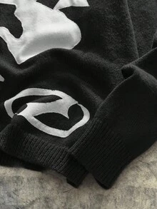 AXEPEAK 男士休闲宽松图案印花圆领长袖毛衣，秋冬 - 黑與白 - 查看 4