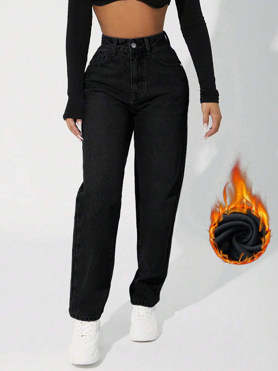 SHEIN PETITE 高腰保暖内衬休闲牛仔裤，适合秋冬季穿着 - 黑色 - 查看 1
