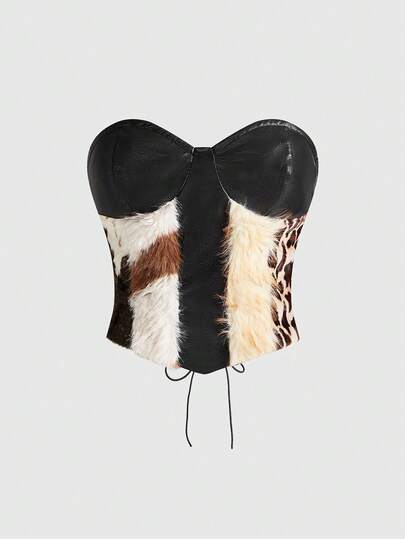 Women's Retro Vacation Hippie Party Patchwork Fuzzy Fabric & PU Contrast Color Bandeau Top