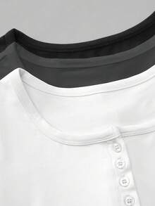Plus Size Solid Color Casual T-Shirt With Button Decor, Minimalist Design