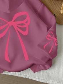 SHEIN Leap Crew Tween 女童休闲可爱蝴蝶结装饰宽松圆领舒适长袖连帽运动衫，奶油红色，适合秋冬季