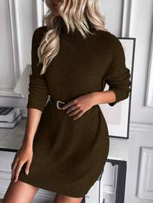 EMERY ROSE Women's Solid Color Turtleneck Batwing Long Sleeve Casual Loose Knit Sweater Dress, Autumn/Winter - Brown - View 4