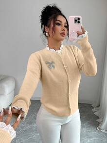 Elenzga Women's Casual Loose Fit Round Neck Ruffle & Butterfly Decor Cardigan Sweater - Khaki - View 5