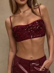 SHEIN BAE 女士细肩带时尚短款性感优雅亮片吊带背心 - 酒紅色 - 查看 7