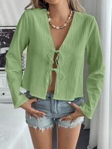 Chiquease 女式纯色系带长袖宽松休闲衬衫，春夏女式衬衫