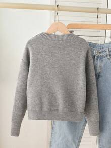 Sparklyn Áo len thường ngày phong cách Hàn Quốc mới, áo chui đầu cổ tròn trang trí nơ, đa năng, dáng rộng, áo dệt kim chất lượng cao - Xám - Xem 2