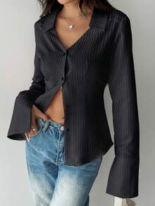 SHEIN Unity Women's Front Button Long Sleeve Striped Minimalist Shirt, Casual Everyday Wear Fall Cloth For Women - Black - View 3