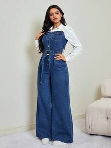 SHEIN Tall 女长袖单排扣口袋设计休闲阔腿牛仔连体裤秋冬牛仔蓝白拼接优雅休闲百搭连体裤 - 深色水洗藍 - 查看 2