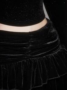 SHEIN ICON Plus Size High Waist Ruffle Hem Velvet Skirt - Black - View 5