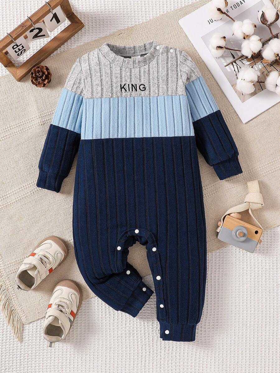 SHEIN 1pc Baby Boys' Colorblock Crew Neck Long Sleeve Jumpsuit,Comfortable Casual Ribbed Knit Romper For Autumn,Spring,Winter Outdoor Play & Home Wear - Blue - View 1