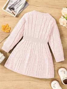 SHEIN Genkimix Kids 秋冬女童复古粗针织圆领腰部 A 字蝴蝶装饰长袖毛衣裙，适合户外休闲穿着 - 粉色 - 查看 2