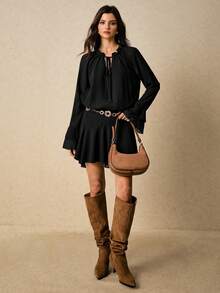 Poéselle Women's Elegant Solid Color Bell Sleeve Short Dress, Autumn Black Dresses For Women Black Long Sleeve Dress Black Western Dress Black Mini Dresses Women Mini Dresses - Black - View 6