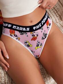 THE POWERPUFF GIRLS X SHEIN 2 piezas Tanga sexy de mujer con contraste de letras y patrón de Blossom, Bubbles y Buttercup de las Chicas Superpoderosas en negro y rosa, ropa interior suave y cómoda, linda, kawaii y dulce para mujeres