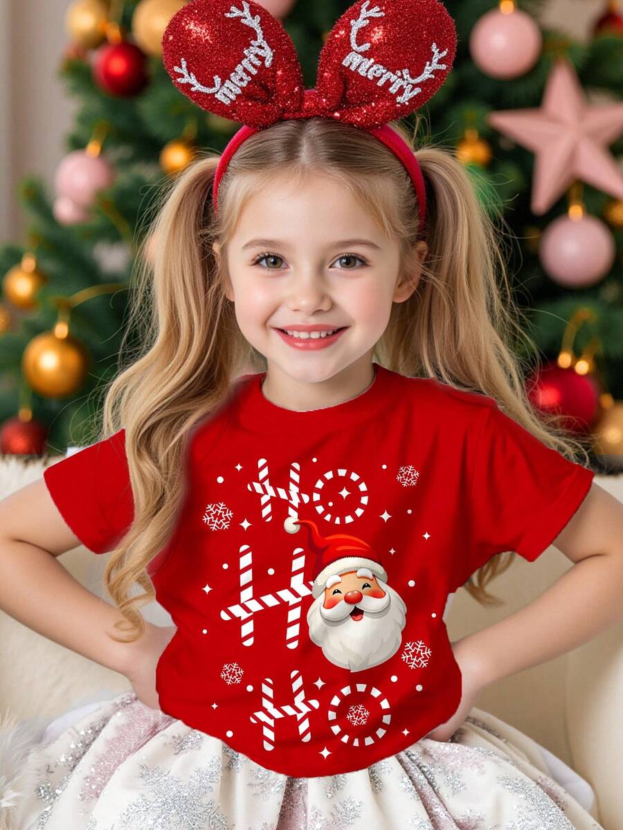 SHEIN Happikins Christmas Celebration, Santa Claus "HO HO HO" Cartoon Face Print Casual Crew Neck Short Sleeve T-Shirt For Young Girls, Suitable For Daily Wear, Christmas, New Year, Street Style, Home, Holiday, School Performance - Multicolor - View 1