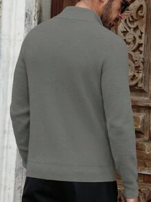 Manfinity Bizformal 男士休闲纯色拉链半襟插肩袖毛衣，秋冬 - 灰色 - 查看 2
