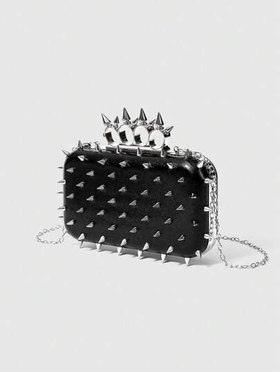 Grunge Punk Women Evening Clutch Bag, Simple Solid Color With Rivet Decor, Fashion