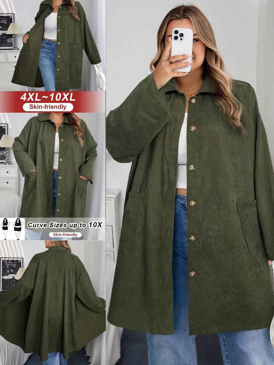 SHEIN CURVE+ Curve 加大码/秋装/秋季女装/女冬装/冬装大码女式乡村风格灯芯绒双口袋纽扣门襟中长外套,秋季夹克加大码夹克 8xl 女装 6xl 加大码女装 5xl 加大码加大码灯芯绒夹克,女式秋季服装/秋/冬 - 軍綠色 - 查看 1