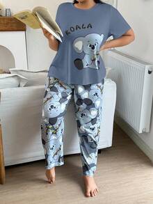 SHEIN Große Größen Grau Milchseide Strick Koala Muster Kurzarm Pyjama Set