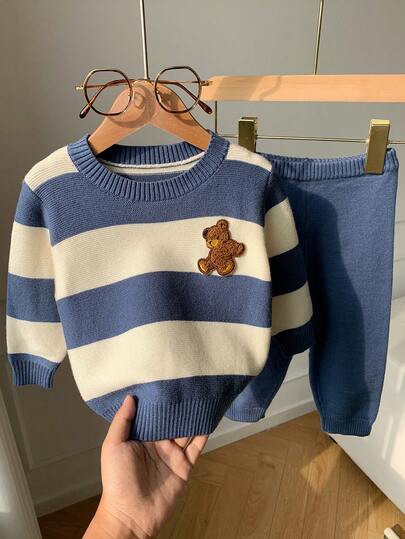 SHEIN 2pcs Baby Boy/Girl Cute Bear & Blue Striped Sweater And Blue Pants Set, Casual Autumn/Winter Unisex Baby Clothes