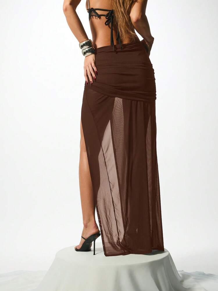 KIZN Sheer Mesh Draped Maxi Skirt With Slit