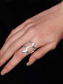 Y2Kool 1pc Fashionable Liquid Metal Style Asymmetrical Geometric Shaped Metallic Texture Ring. Suitable For Vacation Party, Date Or Daily Outfit, As Gift - Silver - View 2
