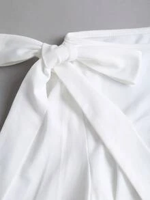 Sweetra Women's New Casual Round Neck Solid Color Coffee Brown Shoulder Tie Bow Decor Asymmetrical Hem Waist Ruched Long Sleeve T-Shirt, Suitable For Commuting And Outings In Spring, Summer And Autumn - White - View 6