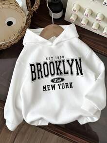 SHEIN Baby Boy Knit Soft Cool Text Graphic Print Casual Thick Pullover Hoodie Sweatshirt, Suitable For Autumn