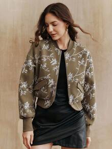 Anewsta Chaqueta de manga larga con cuello redondo, bordada, de manga larga acanalada y empalmada, para otoño/invierno - Verde Oliva - Ver 3