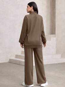 Mulvari 2pcs Set Women Raglan Sleeve Zip-Up Colorblock Elegant Cardigan And Pants - Khaki - View 2
