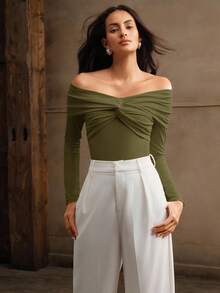Anewsta Sexy Off-Shoulder Twist Bodysuit - Olive Green - View 6