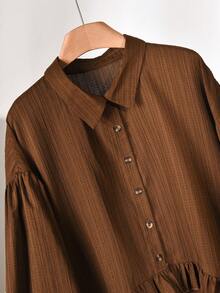 CosyJoli Plus Size Women Casual Solid Color Frill Trim Button Down Shirt Brown