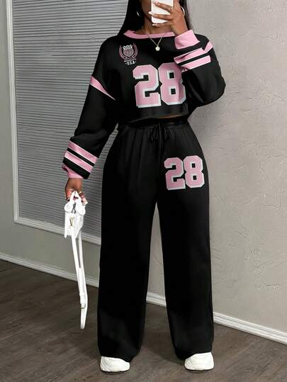 Slaydiva Women's Casual Street Style Loose 28 Number & English Letter Badge Print Racing Suit Sports 2 Pieces Set, Suitable For Autumn/Winter, Suitable For Outdoor Wear