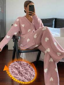 DAZY Women's Heart Pattern Knitted Loose Pajama Set, Winter, Fall Clothes - Pink - View 1