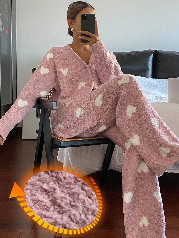Women's Heart Pattern Knitted Loose Pajama Set, Winter, Fall Clothes