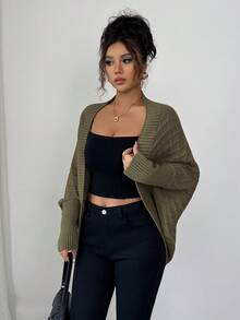 Elenzga 女式卡其色休闲套头开衫，百搭优雅针织毛衣，适合节日、独立日、音乐会、复古教师风格、办公室工作、约会、职业装、蝙蝠翼廓形、中长款、秋冬 - 軍綠色 - 查看 5