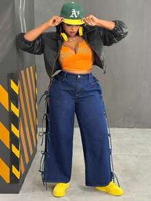 Slaydiva Winter Plus Size Women Cowgirl Style Blue Lace-Up High Slit Flare Leg Pants, Sexy Fall - Dark Wash - View 5