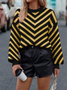 SHEIN LUNE Women's Colorblock Geometric Print Crew Neck Long Sleeve Sweater - Yellow - View 4