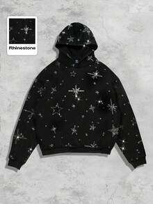 ROMWE MEN Street Life Men's Rhinestone Embellished Star Hoodie Sweatshirt, Autumn/Winter - Black - View 4
