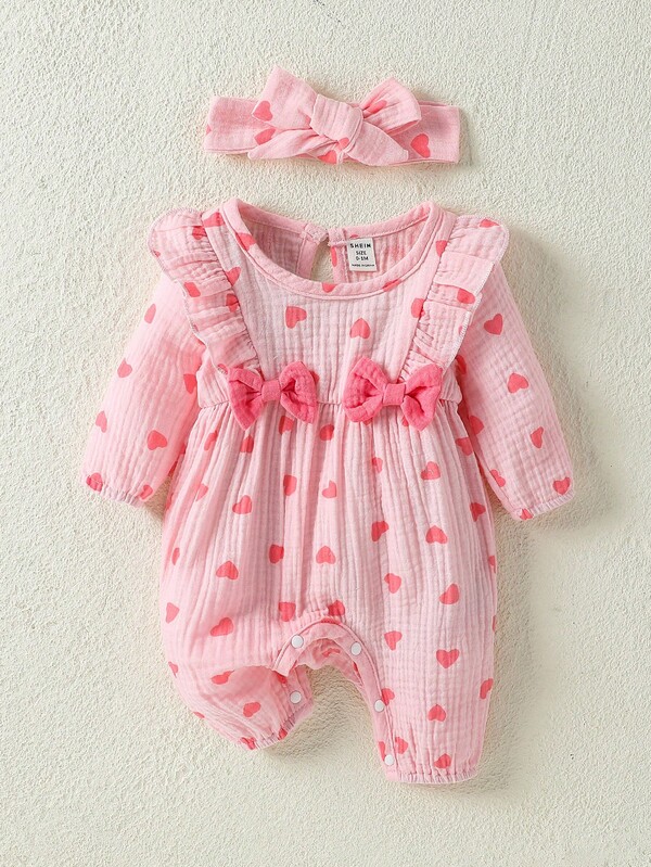 SHEIN Newborn Baby Cute Heart Print Ruffle Trim Romper With Bow Decor, Autumn