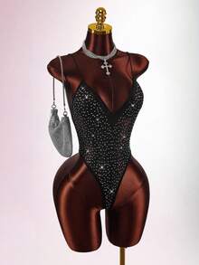 Y2K Amplova Women's Christmas Rhinestone Glitter Backless Sheer Sexy Black Bodysuit For Party, Autumn/Winter Thanksgiving And New Year - Black - View 4