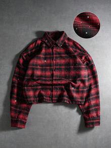 PAVTROS Manfinity Streetrush 男士街头风流行INS风男士休闲水钻装饰短袖衬衫/长袖衬衫，街头服饰，保暖冬季，圣诞节，男友礼物，红色格子衬衫 - 紅色 - 查看 6