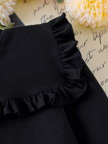 Elladie kids 两件套女童针织彼得潘领长袖T恤上衣和格子裙套装，舒适时尚公主风童装，春秋季 - 黑色 - 查看 5