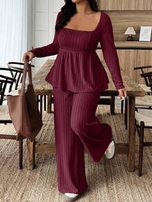 Weeklong Atasan Wanita Ukuran Besar Bahan Plush dengan Kerah Longgar, Set 2 Potong Kasual Hangat, Musim Gugur/Dingin - Burgundy - View 1