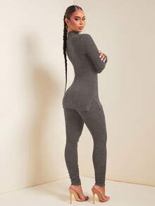 SHEIN SXY 秋季女装；女士纯色立领长袖上衣和裤子两件套保暖保暖套装；；；棕色西装两件套，女士舒适两件套家居服；女士灰色两件套；打底裤两件套；舒适两件套 - 灰色 - 查看 5