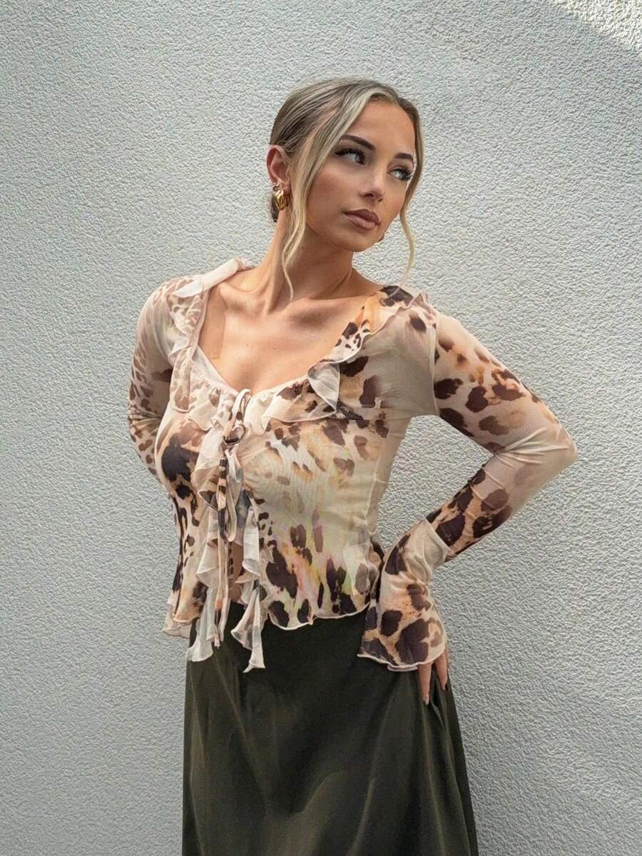 Jeta Ari 女士前系带长袖印花休闲衬衫，度假 - 杏色 - 查看 1