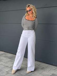 Jeta Ari Mujeres Estiloso Jeans de mezclilla de pierna ancha de unicolor con ajuste holgado, versátil - Blanco - Ver 1