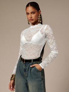 Silquee Women's Solid Color Stand Collar Raglan Sleeve Fitted Lace Sheer Sexy Bodysuit - White - View 5