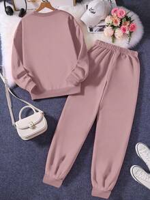 EMERY ROSE Plus Size Women 2 Pieces Outfit Set, Fashionable Minimalist, Suitable For Daily Wear, Sports, Photography, Autumn/Winter - Dusty Pink - View 2