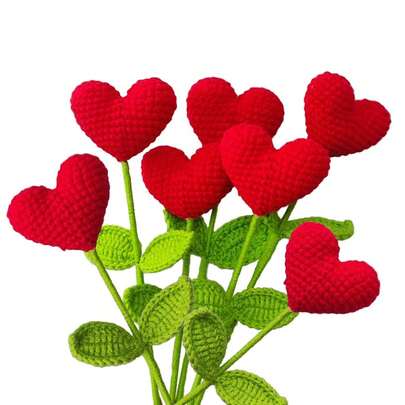 Completed Crochet Heart Flowers Bouquet Knitted Artificial Woolen Yarn Red Heart Flowers For Arrangements Floral Bouquet Crafts Wedding Decor,Red