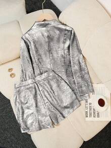 SHEIN LUNE Women's Solid Color Shorts Casual Suit Set - Black and White - View 2